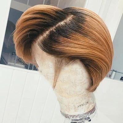 China 150% Density Remy Virgin Hair Straight Bob Lace Wigs 1B/27 Pixie Brazilian Human Hair Lace Bob Wig For Black Women Short Hair Cuticle Aligned Tangle Free for sale