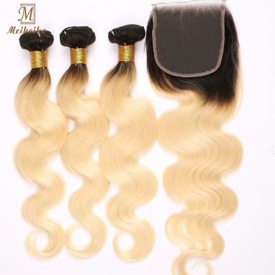 China Body Wave Meikeiko 1B/613 Body Wave Hair Bundles With 4x4 Closure Brazilian Virgin Hair Bundles With Lace Closure Ombre Blonde Hair for sale