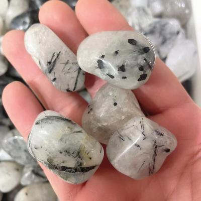 China China Natural Rutilated Quartz Black Hair Crystal Tumble Black Stone for sale