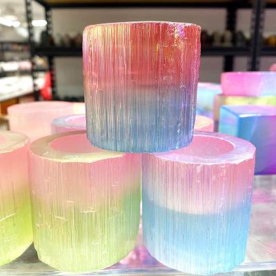 China Europe Natural Healing Crystals Plated Selenite Candle Holder Colorful Gypsum Candlestick For Home Decorate for sale