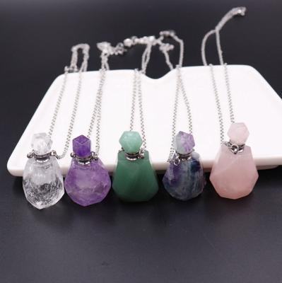 China Europe Natural Crystal Essential Oil Vial Stone Pendant Necklace Healing Jewelry Crystal Perfume Bottle Charms Chains for sale