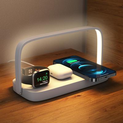 China Smart Watch 4 in 1 Wireless Charger Stand 15W Charging Station for iPhone iWatch Air 2nd Air Pro Phone Charger with Table Lamp for sale