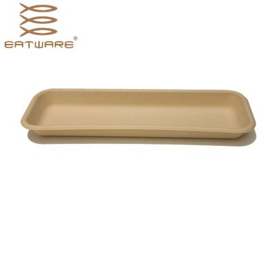 China Small Disposable Natural Biodegradable Tray Biodegradable Rectangle Food Tray 480ml Sushi Wood Pulp Container for sale