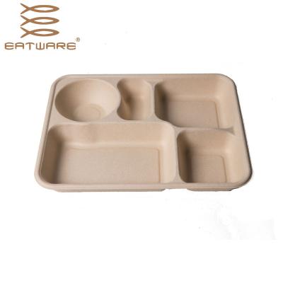 China Contemporary 1250ml 5 Compartment Oven Safe Take Away Close Close Biodegradable Bamboo Pulp Box for sale