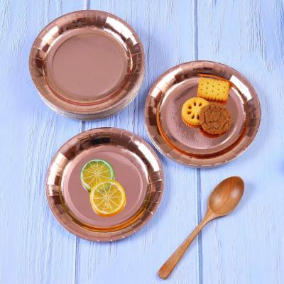 China Wedding 8Pcs/bag Custom Printed Disposable Biodegradable 7 Inch Rose Gold Hot Stamping Paper Dish Paper Plate Table Supplies for sale