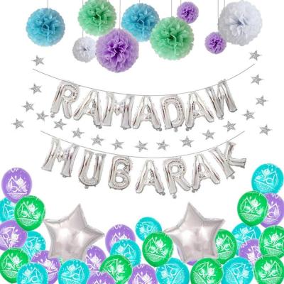 China EID Muslim Party New Products Eid Mubarak Silver Banner Star Alphabet Foil Latex Balloons Pom Poms Party Paper Decorations For Eid Mubarak for sale