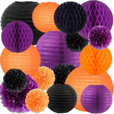 China Orange Black Purple Pom Pom Honeycomb Paper Lanterns Baby Shower Fabric Mermaid Party Decorations Valentine's Day Party for sale