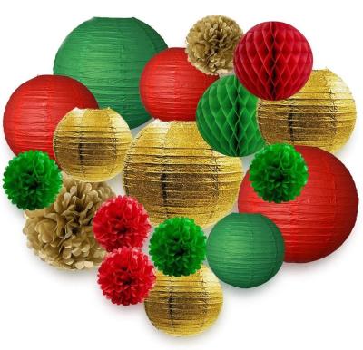 China Red Pom Poms Flowers Ball Hanging Green Gold Paper Lanterns Valentine's Day Party Christmas Decorations for Wedding Birthday Party Decorations for sale