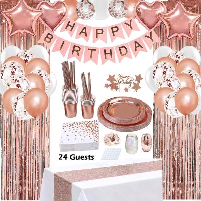 China Girls Or Women Rose Gold Birthday Party Decorations Wedding Guest 24 Happy Birthday Banner Curtains Table Runner Balloons Plates for sale