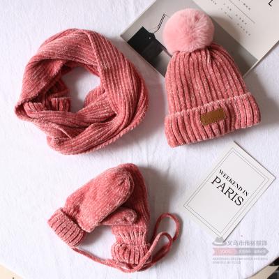 China High Quality Kids Winter Chenille Set Scarf Beanie Hat Gloves 3 PCS Winter Long Hat For Women With Warm Fleece Lining 4-8Y for sale