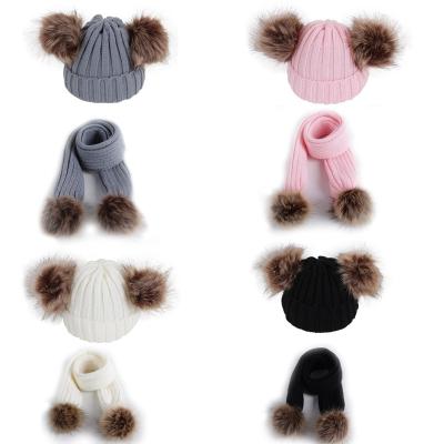 China COMMON Winter Beanie Hat Scarf Set Kids 2Pcs For 2-6 Years Boys Girls Knit Thick Warm Striped Thermal Pom Pom Hat Sets for sale