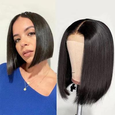 China Good Thickness And Small Unprocessed Good Quality Short Hair LK Straight Hair Black Lace Front Wig Pre-Pulled Baby Hair Cuticle Alignment Bob Wig for sale