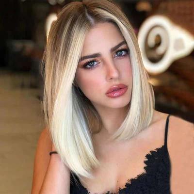 China New LK Silky Straight Medium Length Bob Wig Machine Made Silky Straight Wig White Blonde Lake Brown Wave Ombre for sale