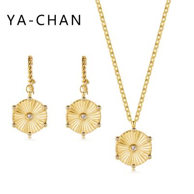 China YA-CHAN Radial Line Hexagon Diamond Stainless Steel Necklace Earring Pendant French FASHIONABLE Retro Female Jewelry Set for sale