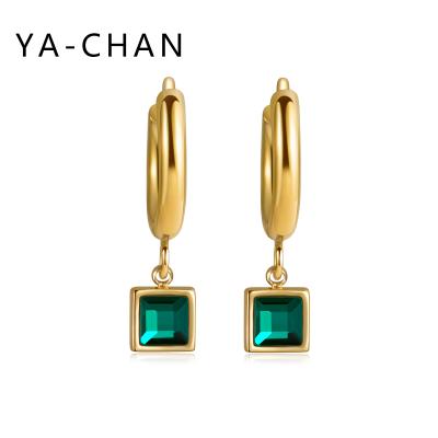 China FASHIONABLE French Green Square Black Zircon YA-CHAN Large Emerald Pendant Earrings 14K Gold Plated Stainless Steel Earrings for sale