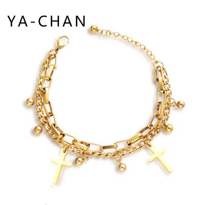 China Exqusite YA-CHAN Style Multilayer Cross Anklets Bohemian Stainless Steel Pendant Bracelet For Women for sale