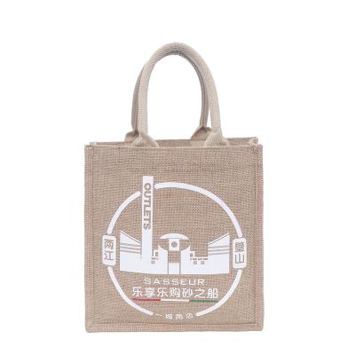 China Retro Handled Screen Printing Can Be Customized Yellow Logo Bamboo Handle Environmental Protection Shopping Jute Bag for sale