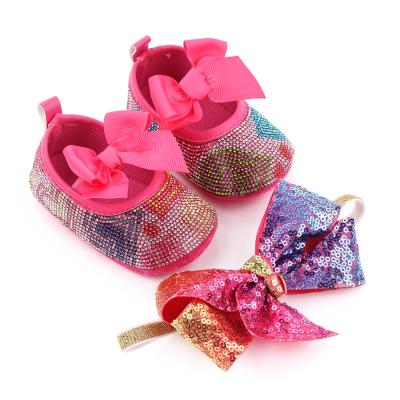 China Lovely Breathable Rhinestone Bling Baby Shoes and Headband Sets Design Baby Newborn Infant Shoes for sale