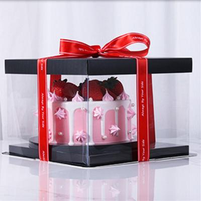 China Custom Recyclable Valentine's Day Three-in-One Transparent 8 Inch Square Black Square Bulk Foldable Exquisite Cake Box for sale