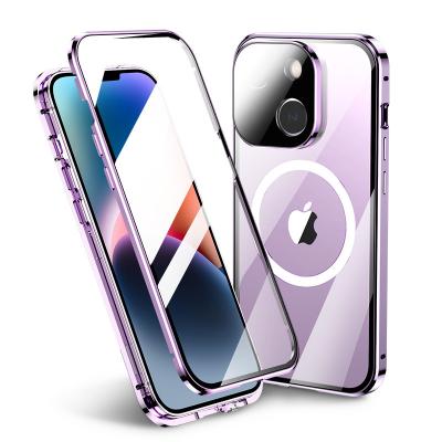 China Shockproof 2022 phone case is suitable for iphone 13 14 mini pro max metal lens protection+toughened film+magnetic charging transparent for sale