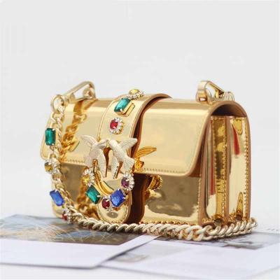 China GENUINE LEATHER Fancy Messenger Bag Louis Bag Diamond Rivet Pearl Chain Shoulder Handbags Diamond Chain Strap Golden Glossy Gold for sale