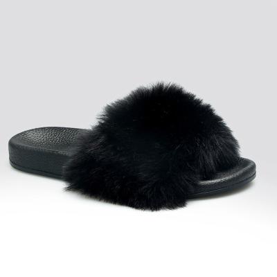 China Home Lightweight Open Toe Black Fluffy Raccoon Fur Slides For Women for sale