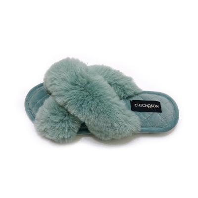 China Fashion Trend Manufacturer High Quality Women Cross Stripe Soft Plush Slippers Furry Slippers for sale