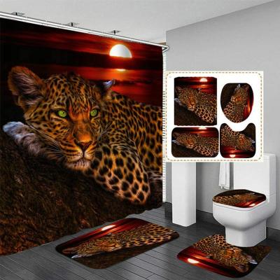 China 2021 90GSM wholesale viable waterproof leopard shower curtain set, leopard bathroom sets with shower curtain and covers and accessories for sale