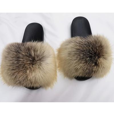 China Custom Fashion Trend Logo Colors Handmade Golden Island Fox Fur Color Raccoon Fur Slippers Natural Slips PVC Sole For Women Ladies for sale