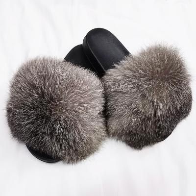 China PVC Fashion Trend New Logo Sliders Sandals Women Outdoor Fluffy Fox Fur Slides Real Raccoon Wholesale Custom Soft Fur Slipper For Women for sale