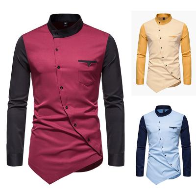 China 2022 Mens Shirt Patchwork Long Sleeve Camisas Edge Shirts Male Shirt Dress Stand Collar Stylish Irregular Brand New Solid QUICK DRY for sale