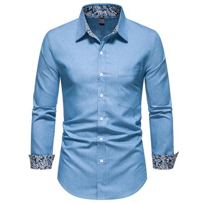 China QUICK DRY Stylish Faux Denim Patchwork Paisley Patchwork Long Sleeve Shirt Men's Long Sleeve Button Up Casual Shirt Dress Homme 2XL Business Fromal Mens Dress Shirts for sale