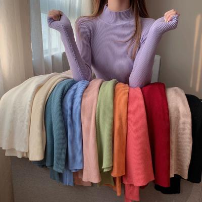 China 2021 New Fashion Anti-wrinkle Women Girls Knitwear Stand Collar Long Sleeve Sweater Solid Color Knit Thin Casual Sweater for sale