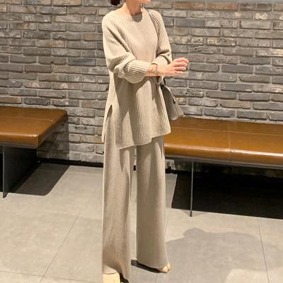 China Playful Knitted Pullover Women's Anti-Wrinkle Factory Custom Winter Solid Color Sweater With Wide Leg Pants Two Piece Set for sale