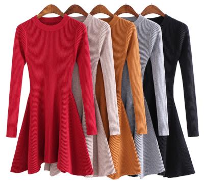 China Anti-wrinkle customer design women winter dresses long sleeve tight rib knit ladies one piece dress for sale