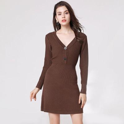 China Anti-wrinkle factory version Korean style dress women's slim sheathed knitted sweater dress long for sale