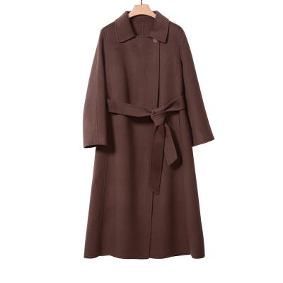 China Custom Women's Anti-wrinkle Cashmere Woolen Coat Fashion Belt Women's 100% Cashmere Coat for sale