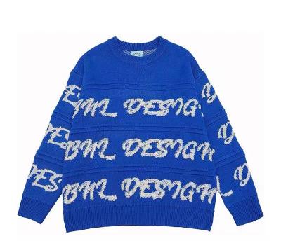 China Anti-Wrinkle Letter Jacquard Klein Sweater Blue Mens Street Loose Couple Casual Knitwear Top Mens Sweater for sale