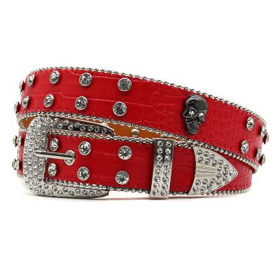 China Rhinestone Embedded New Water Diamond Belt Red PU Belt Inlaid with Full Diamond Skull Accessories Punk Fashion Trend Unisex Loose Belt for sale