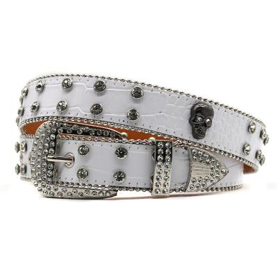 China Fashion.Casual Wide Belt New Water Diamond Belt White PU Belt Inlaid with Full Diamond Skull Accessories Punk Fashion Trend Women's Loose Belt for sale