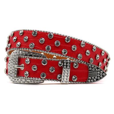 China Fashion.Casual Wide Belt Western Fashion Red Rhinestone Belt PU Material Women's Full Diamond Rivet Women's Jeans Belt Factory Direct Sales for sale