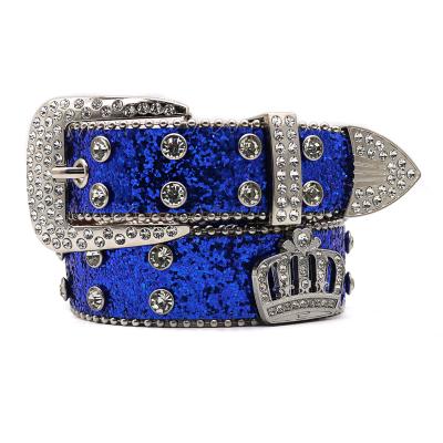 China Fashion.Casual Wide Belt Western fashion PU belt with blue sparkling rhinestone waistband embedded with diamond crown accessories Punk women's dress belt for sale