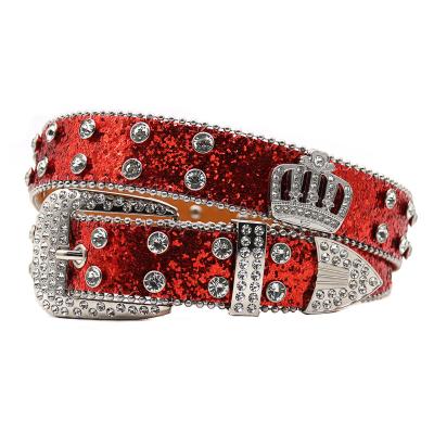 China Fashion.Casual Wide Belt Western New Red Sparkling Rhinestone Belt with Full Diamond Crown Accessories Punk Fashion Trend Women's Dress Belt for sale