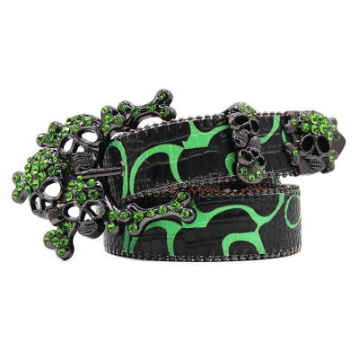 China Rhinestone Embedded Western New Water Diamond Belt Green Skull Head Button Punk Fashion Hundred Tower Trend Hundred Tower Jeans Belt for sale