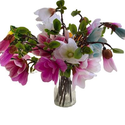 China 3 Head Rubber Artificial Flower 3d Flower Big Magnolia Branch 3 Head Dekoration for sale