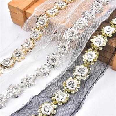 China Viable Rhinestone Trimming Clothes Wedding Net Dense Pearl Flower Net Dense Flower Lace Ribbon DIY Heavy Hand-Beaded Accessories Decoration for sale