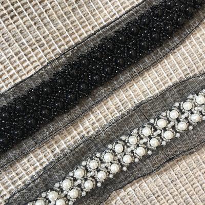 China Wholesale Lace Elastic Hand-Beaded Ribbon Mesh 2 Row Diamond Mesh 2 Tier Pearl Strip Clothing Collar Home Textile DIY Curtain Sewing Accessories for sale