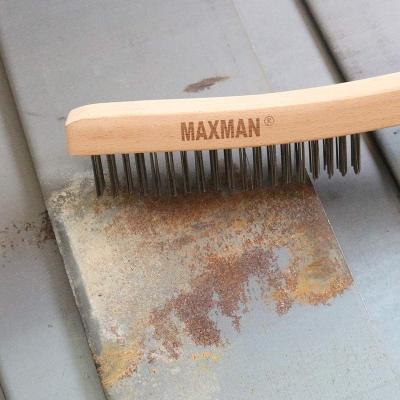 China Durable Rust Cleaning Wooden Handle Stainless Steel Wire Brush for sale