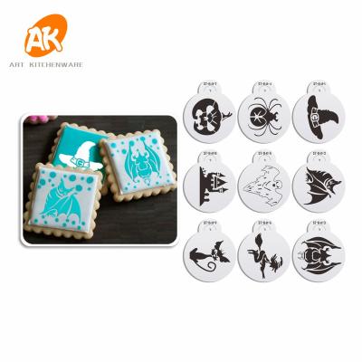 China Viable AK 9pcs Halloween Cookie Stencil Set Laser Cut Cappuccino Template Food Grade Plastic PET Cake Stencils ST-841 for sale