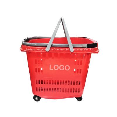 China Double Folding Folding Handle Plastic Carry Rolling Shopping Basket for sale